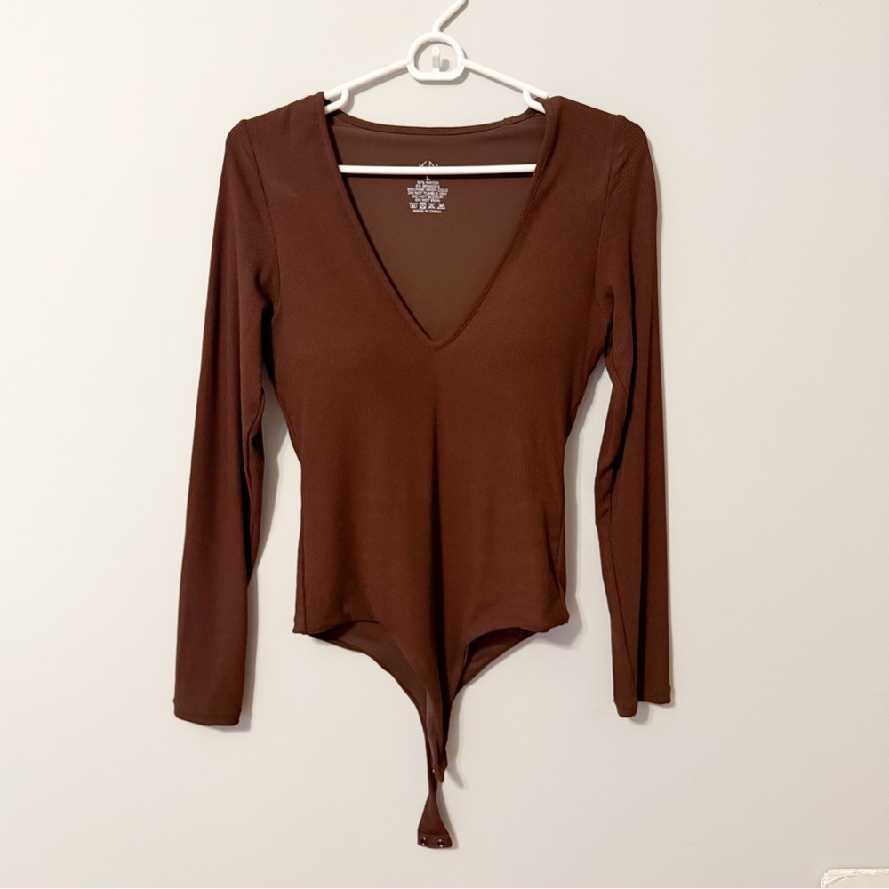 Klassy Network Deep V Long Sleeve Bramisuit in Brown